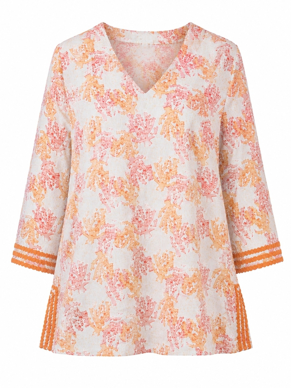 J.JILL | Linen Cotton Blend Coral Reef Print Tunic Top 3/4 Sleeve Boho | XL